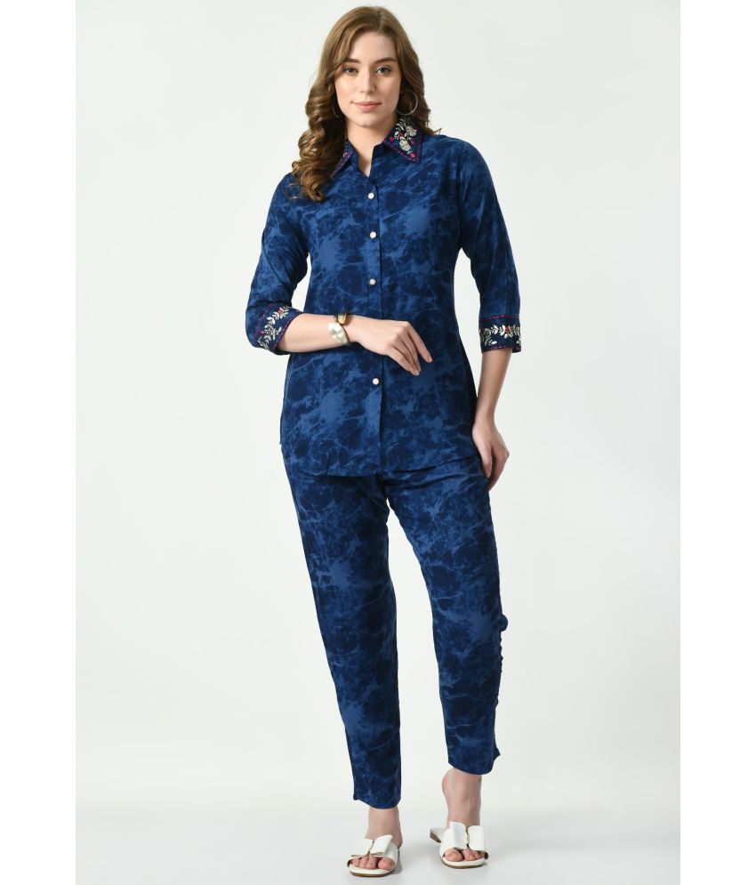     			Maurya Coord Set Rayon Navy Blue Distress Print Embroidered Shirt Collar and Sleeve Co Ord Set with 1 Side Pocket