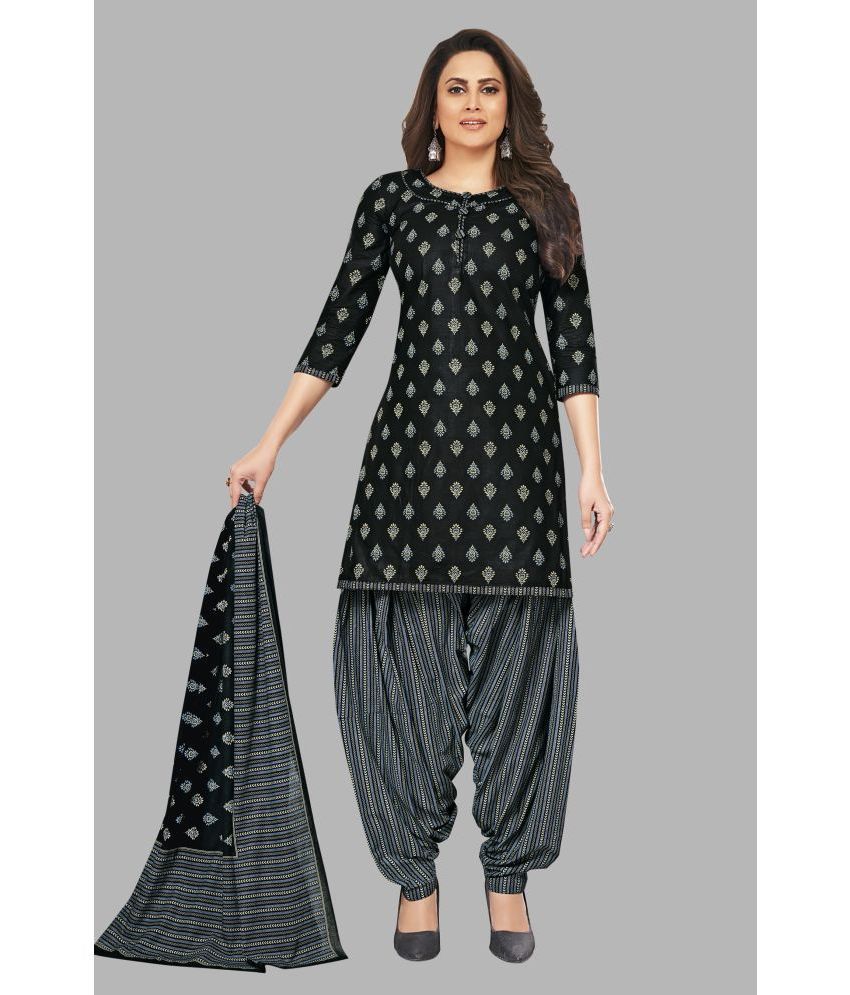     			shree jeenmata collection Cotton Printed Kurti With Patiala Women's Stitched Salwar Suit - Black ( Pack of 1 )