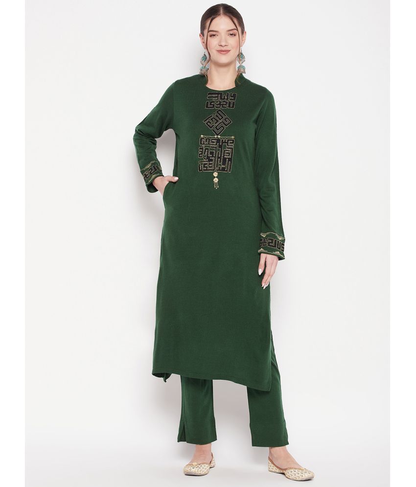     			zigo Woollen Embroidered Kurti With Palazzo Women's Stitched Salwar Suit - Green ( Pack of 1 )