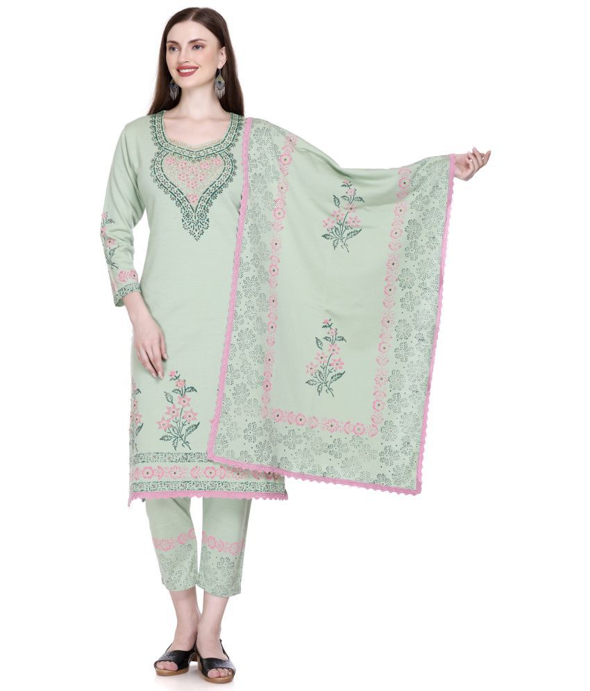     			ELTHIA Woollen Printed Kurti With Pants Women's Stitched Salwar Suit - Green ( Pack of 1 )