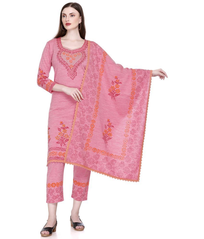     			ELTHIA Woollen Printed Kurti With Pants Women's Stitched Salwar Suit - Pink ( Pack of 1 )