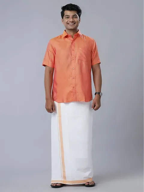 Ramraj cotton Peach Cotton Blend Regular Fit Men's Dhoti Shirt Set ( Pack  of 1 ) - Buy Ramraj cotton Peach Cotton Blend Regular Fit Men's Dhoti Shirt  Set ( Pack of