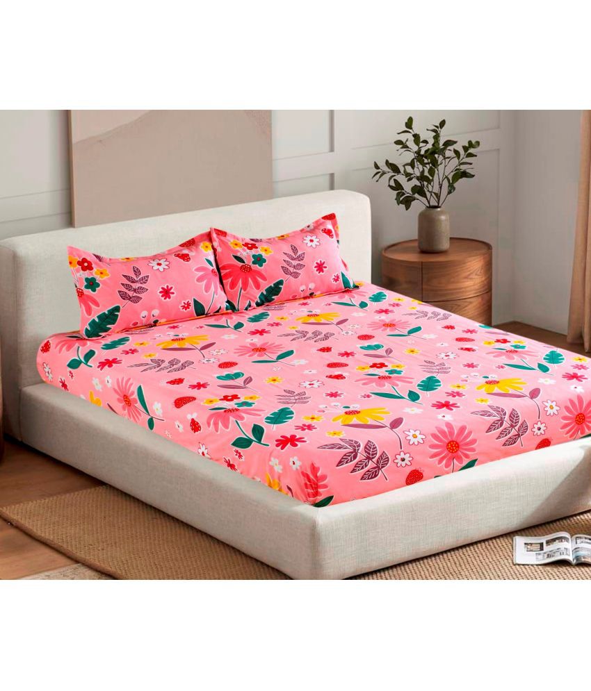     			Valtellina Cotton Floral Double Bedsheet with 2 Pillow Covers - Pink