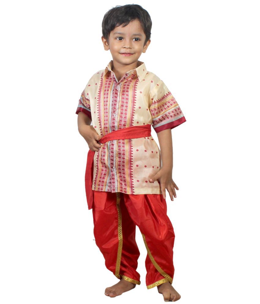     			Kaka Fancy Dress Indian Ethnic Bihu Costume For Dance Event, Theme Plays, For Boys, 7-8 Years -Cream