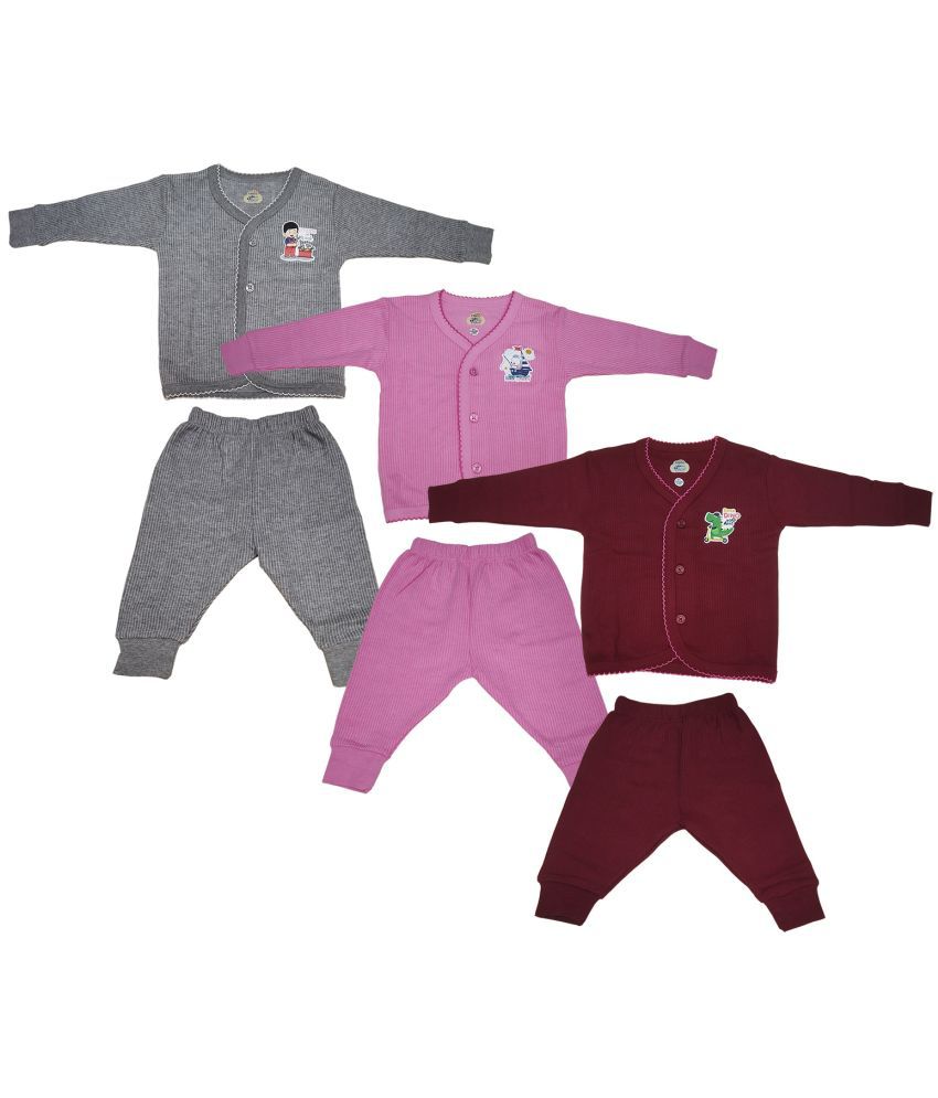     			Lux Inferno Grey, Maroon and Pink Front Open Full Sleeves Upper & Lower Thermal Set for Unisex/Kids/Baby - Pack of 3 (#Toddler)