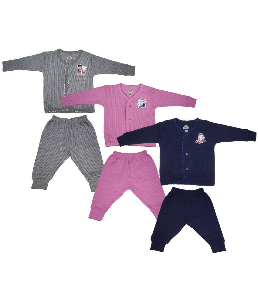     			Lux Inferno Grey, Navy and Pink Front Open Full Sleeves Upper & Lower Thermal Set for Unisex/Kids/Baby - Pack of 3 (#Toddler)