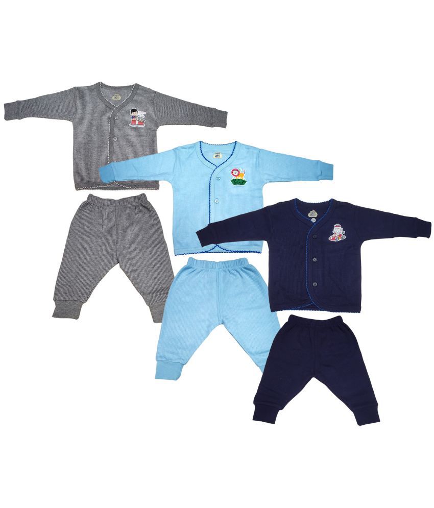     			Lux Inferno Grey, Navy and SkyBlue Front Open Full Sleeves Upper & Lower Thermal Set for Unisex/Kids/Baby - Pack of 3 (#Toddler)