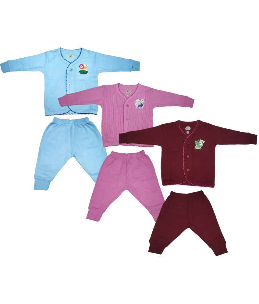     			Lux Inferno Maroon, Pink and SkyBlue Front Open Full Sleeves Upper & Lower Thermal Set for Unisex/Kids/Baby - Pack of 3 (#Toddler)