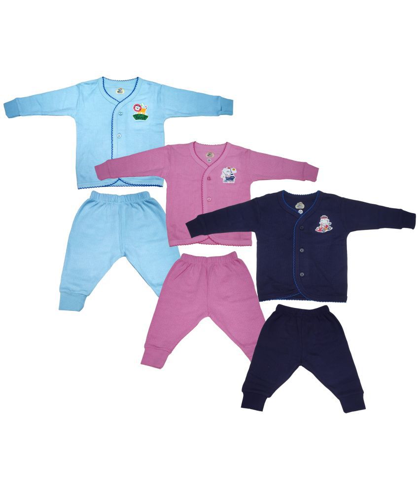     			Lux Inferno Navy, Pink and SkyBlue Front Open Full Sleeves Upper & Lower Thermal Set for Unisex/Kids/Baby - Pack of 3 (#Toddler)