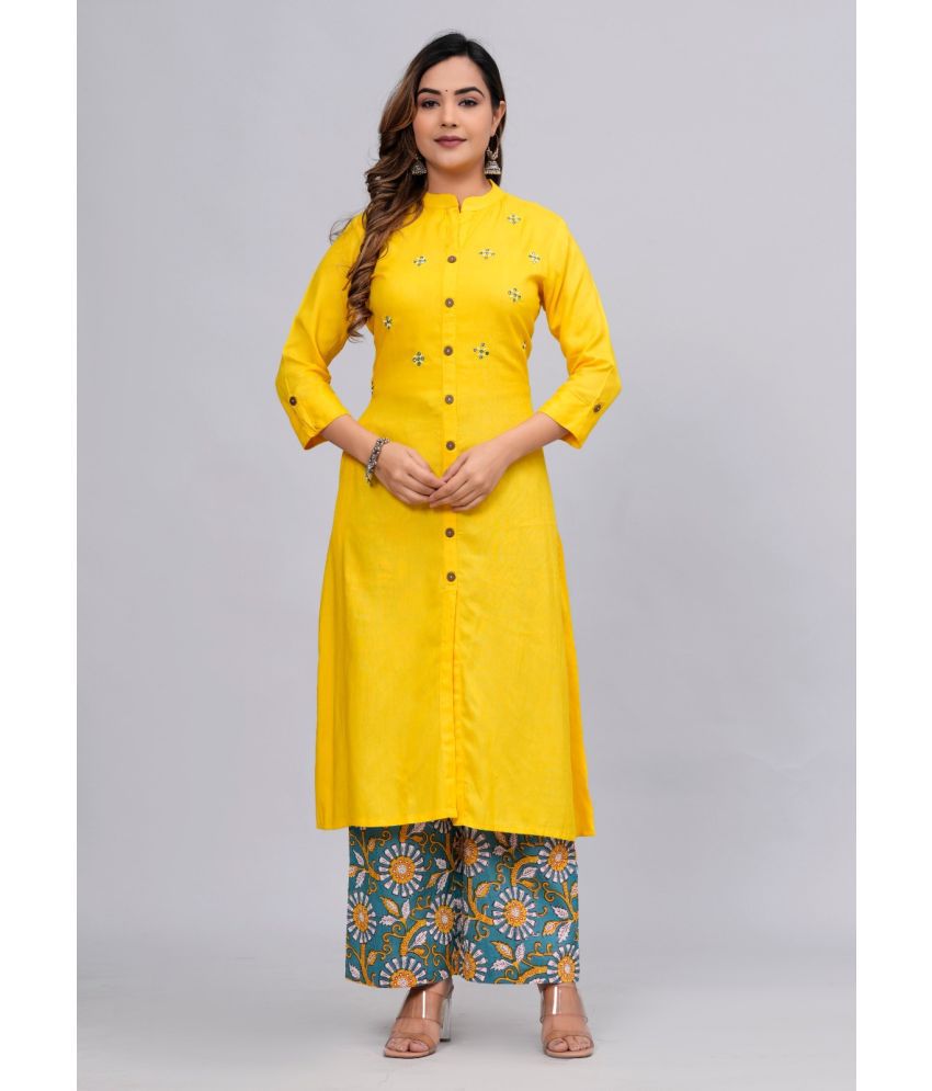     			MAUKA Rayon Embellished Kurti With Palazzo Women's Stitched Salwar Suit - Yellow ( Pack of 1 )