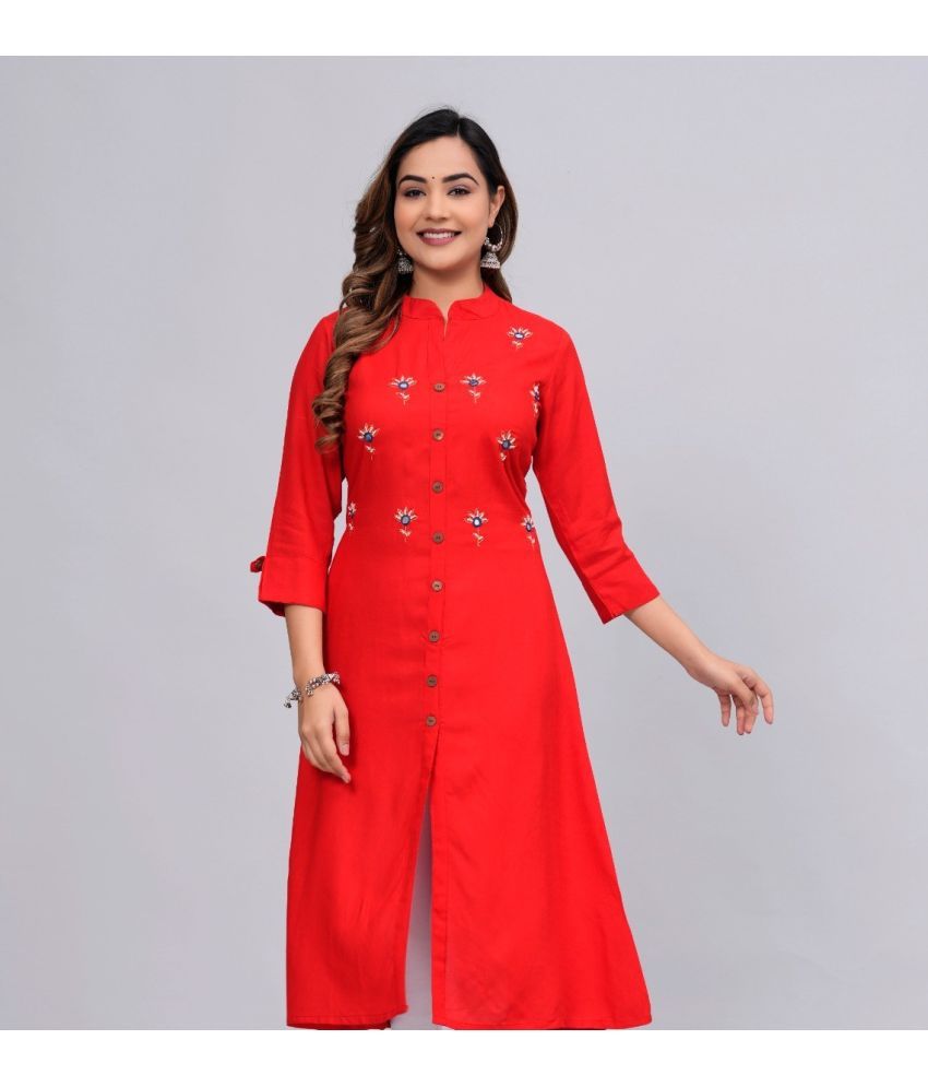     			MAUKA Rayon Embroidered Front Slit Women's Kurti - Red ( Pack of 1 )