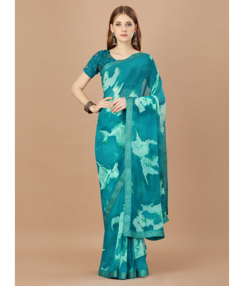     			Rekha Maniyar Fashions Georgette Printed Saree With Blouse Piece - Teal ( Pack of 1 )