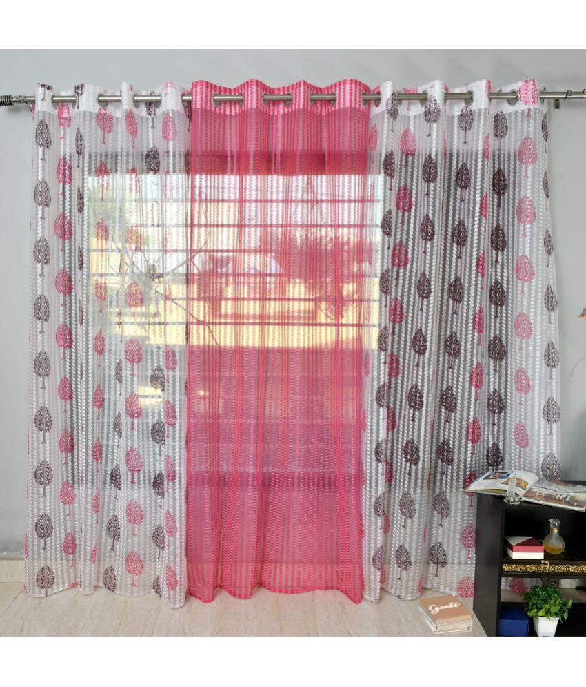     			Homefab India Floral Sheer Eyelet Curtain 7 ft ( Pack of 3 ) - Pink