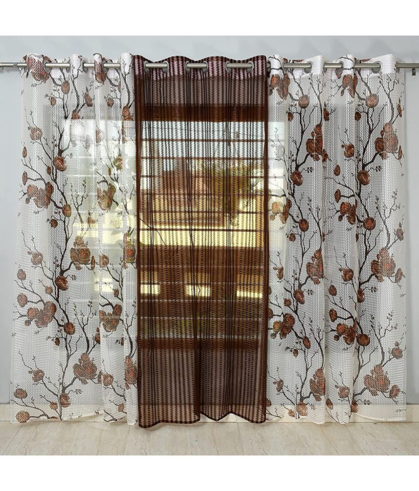     			Homefab India Floral Sheer Eyelet Curtain 5 ft ( Pack of 3 ) - Brown