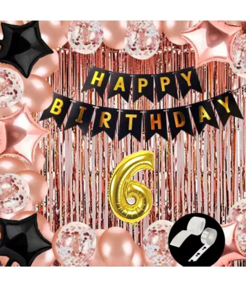     			KR 6TH / SIXTH BIRTHDAY DECORATION WITH HAPPY BIRTHDAY BLACK BANNER ( 13 ), 2 ROSE GOLD CURTAIN 2 BLACK 2 ROSE GOLD STAR 1 ARCH 1 GLUE 5 CONFETTI 30 ROSE GOLD BALLOON 6 NO. GOLD FOIL BALLOO