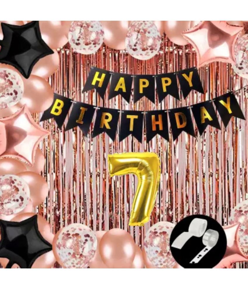     			KR 7TH / SEVENTH BIRTHDAY DECORATION WITH HAPPY BIRTHDAY BLACK BANNER ( 13 ), 2 ROSE GOLD CURTAIN 2 BLACK 2 ROSE GOLD STAR 1 ARCH 1 GLUE 5 CONFETTI 30 ROSE GOLD BALLOON 7 NO. GOLD FOIL BALLOON