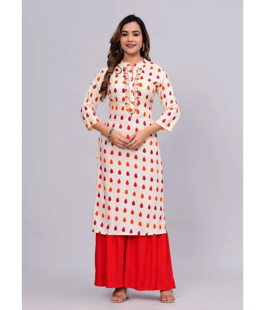     			MAUKA Rayon Printed Kurti With Sharara And Gharara Women's Stitched Salwar Suit - Beige ( Pack of 1 )