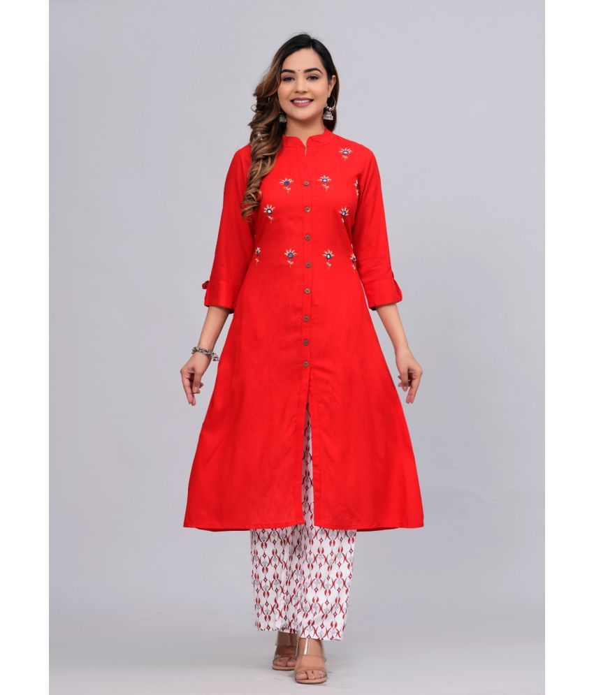     			MAUKA Rayon Solid Kurti With Palazzo Women's Stitched Salwar Suit - Red ( Pack of 1 )