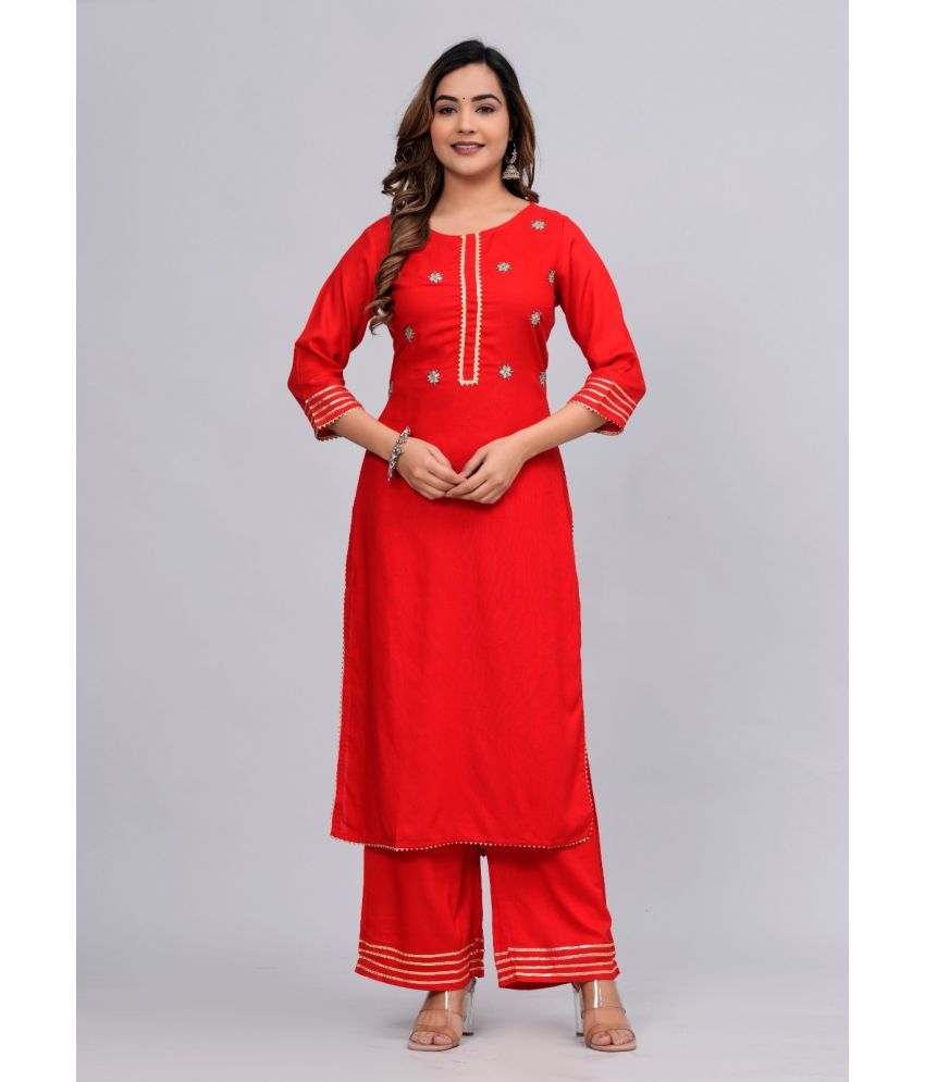     			MAUKA Rayon Solid Kurti With Palazzo Women's Stitched Salwar Suit - Red ( Pack of 1 )