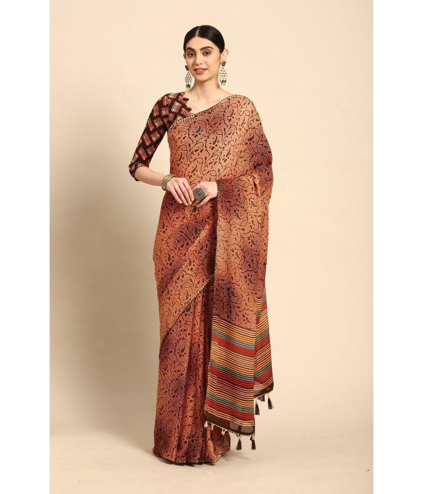     			Rekha Maniyar Chiffon Printed Saree With Blouse Piece - Brown ( Pack of 1 )