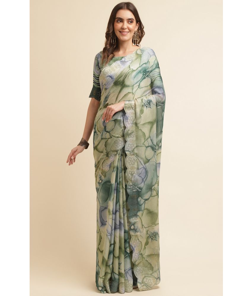     			Rekha Maniyar Chiffon Printed Saree With Blouse Piece - Olive ( Pack of 1 )