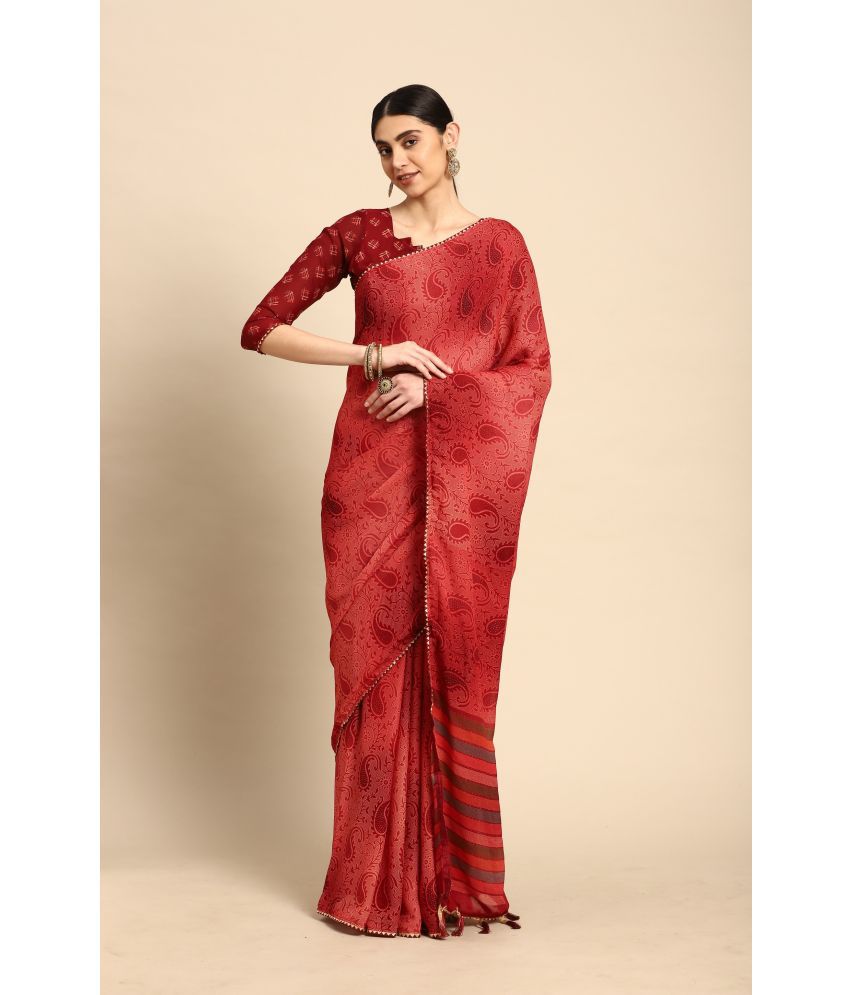     			Rekha Maniyar Fashions Chiffon Printed Saree With Blouse Piece - Red ( Pack of 1 )