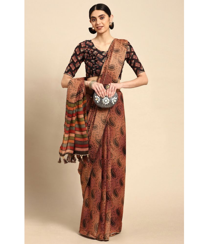     			Rekha Maniyar Chiffon Printed Saree With Blouse Piece - Brown ( Pack of 1 )