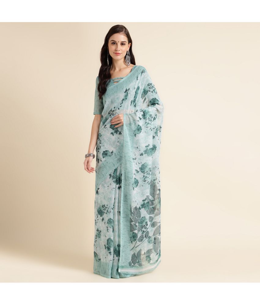     			Rekha Maniyar Georgette Printed Saree With Blouse Piece - Teal ( Pack of 1 )