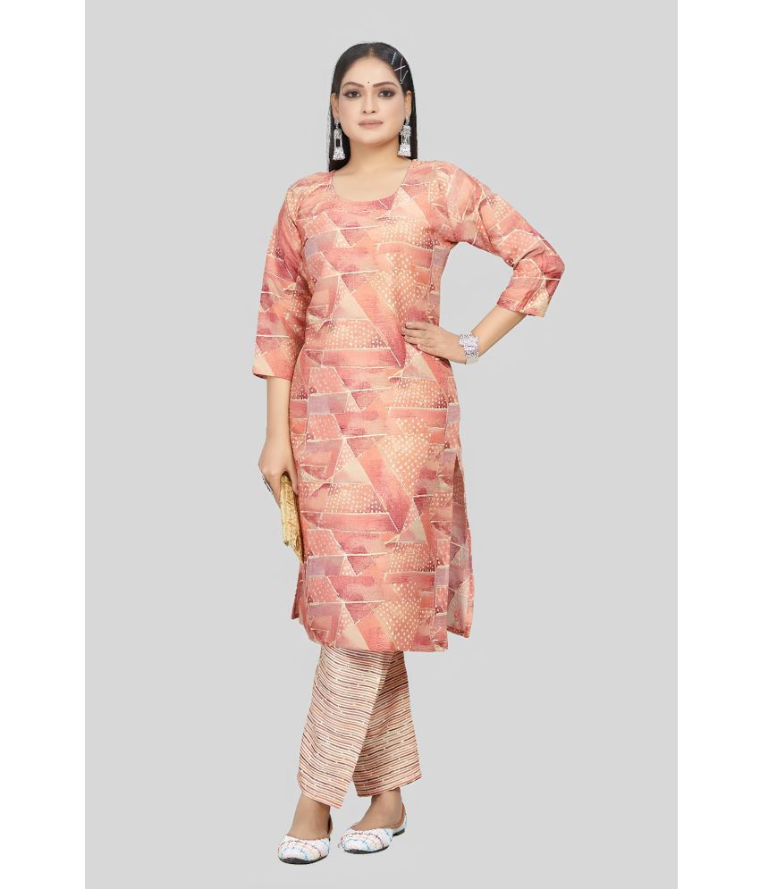     			Sanwariya Silks Cotton Blend Printed Straight Women's Kurti - Peach ( Pack of 1 )