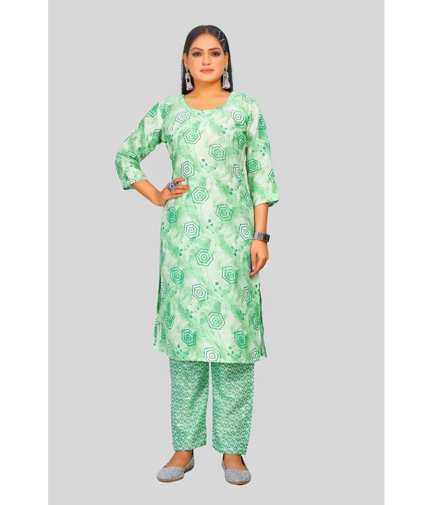     			Sanwariya Silks Cotton Blend Printed Straight Women's Kurti - Green ( Pack of 1 )