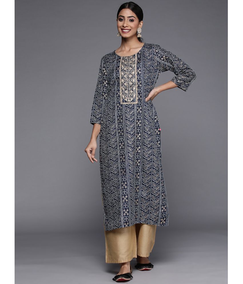     			Varanga Cotton Silk Printed Straight Women's Kurti - Navy Blue ( Pack of 1 )