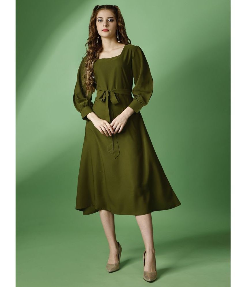     			RAISIN Crepe Solid Midi Women's Fit & Flare Dress - Olive ( Pack of 1 )