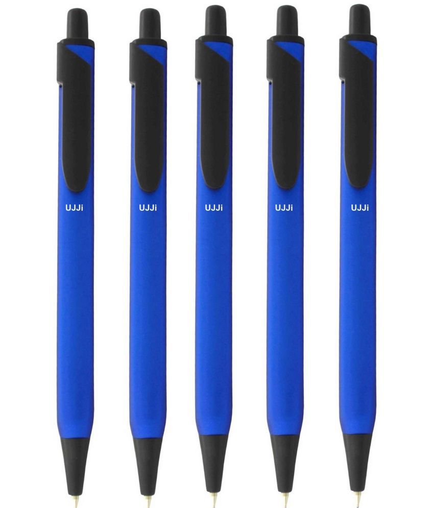     			UJJi Blue Color Body Click on and Off Matte Finish Body Pack of 5 Retractable (Blue Ink) Metal Ball Pen