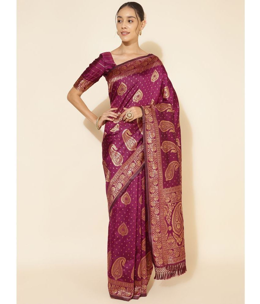     			Janasya Banarasi Silk Printed Saree With Blouse Piece - Purple ( Pack of 1 )
