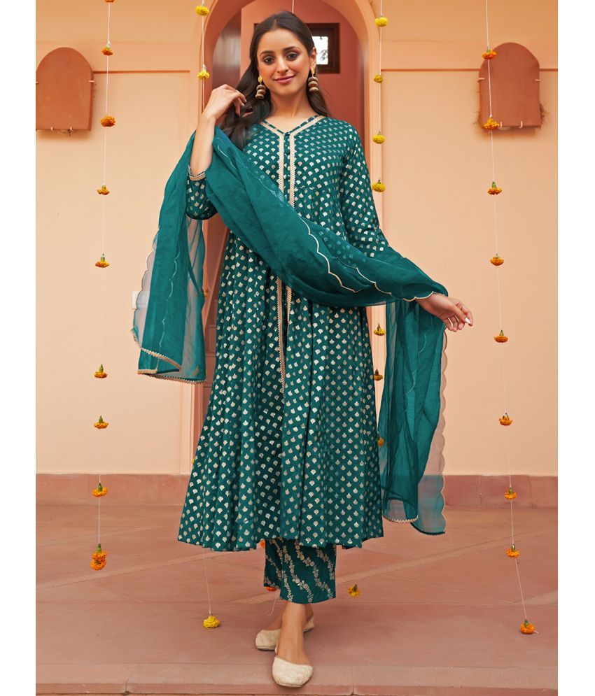     			Janasya Brocade Embellished Kurti With Pants Women's Stitched Salwar Suit - Teal ( Pack of 1 )