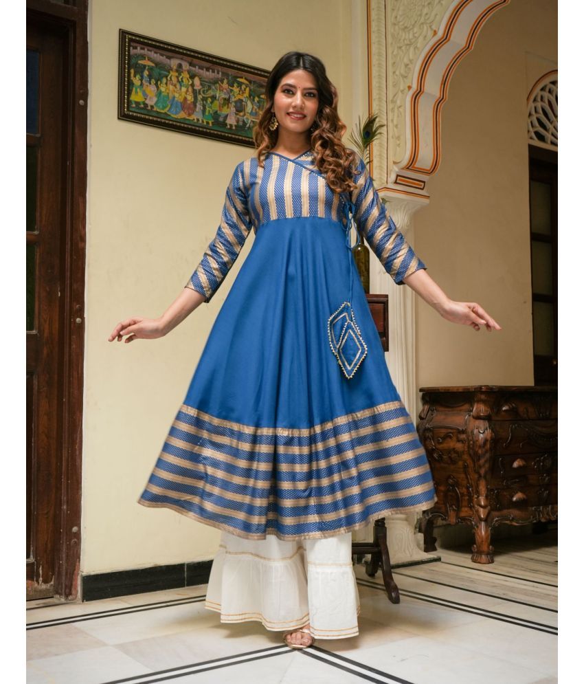     			Yash Gallery Rayon Striped Anarkali Women's Kurti - Blue ( Pack of 1 )