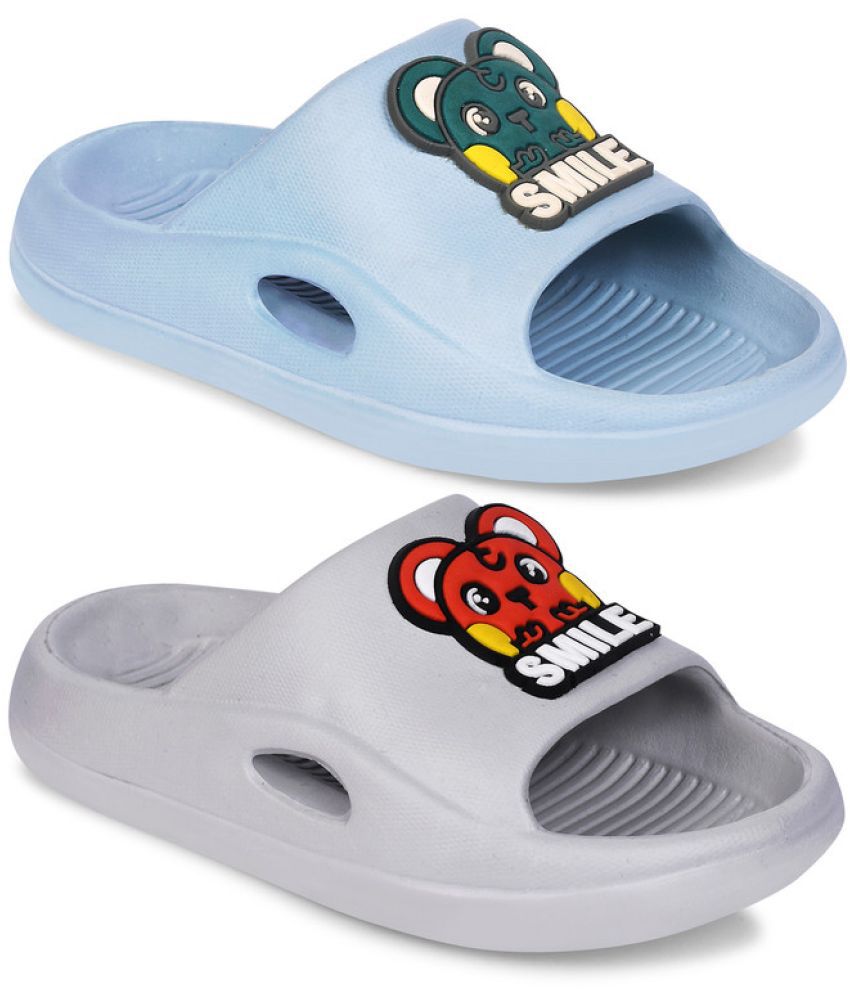    			Combit Fancy Lightweight Unisex Slide's | Slippers Combo for Kids (Grey, Sky)