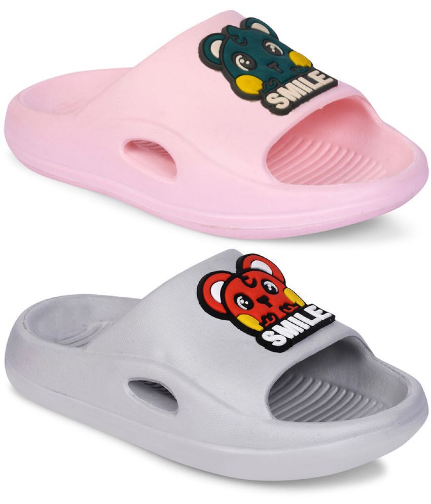     			Combit Fancy Lightweight Unisex Slide's | Slippers Combo for Kids (Grey, Pink)