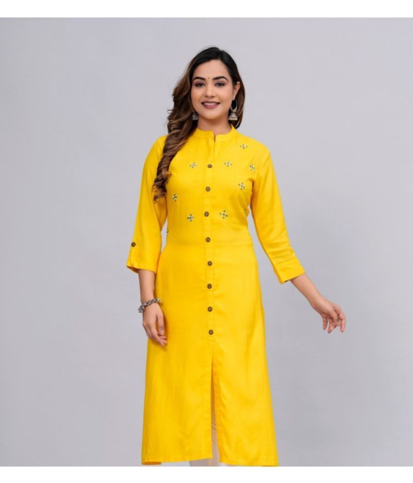     			MAUKA Rayon Embellished Front Slit Women's Kurti - Yellow ( Pack of 1 )