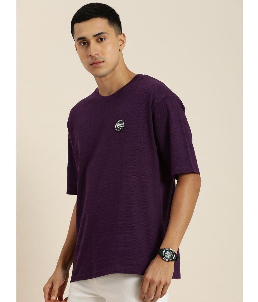     			Difference of Opinion 100% Cotton Oversized Fit Self Design Half Sleeves Men's T-Shirt - Purple ( Pack of 1 )