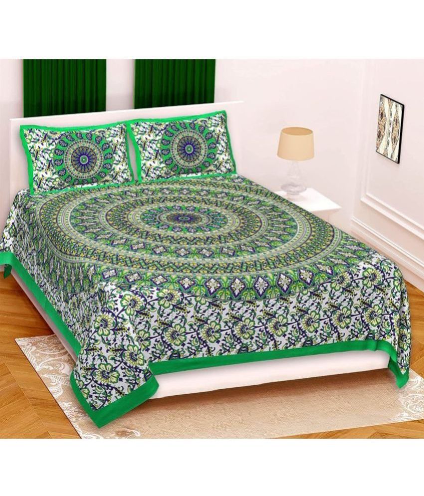     			ETHNICO Cotton Floral Double Bedsheet with 2 Pillow Covers - Green