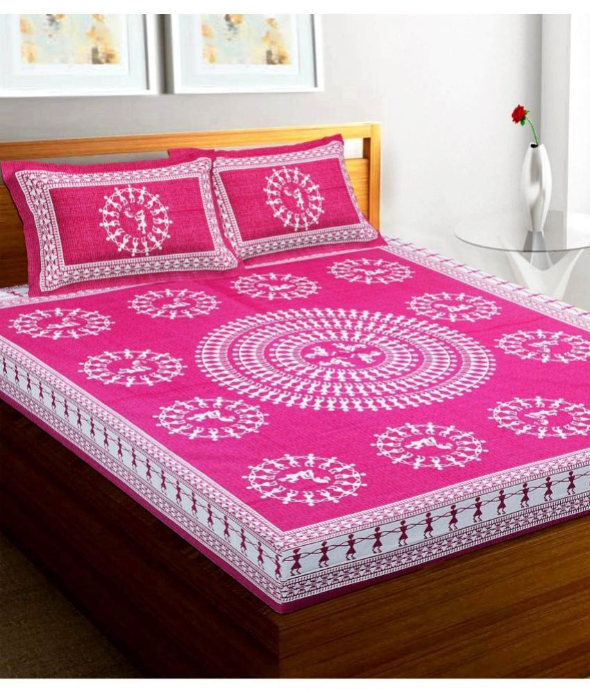     			RajasthaniKart Cotton People Double Bedsheet with 2 Pillow Covers - Pink