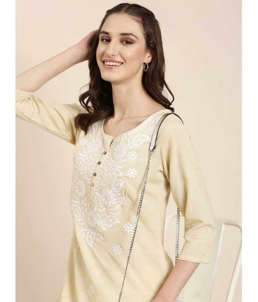     			Showoff Cotton Blend Embellished Straight Women's Kurti - Cream ( Pack of 1 )
