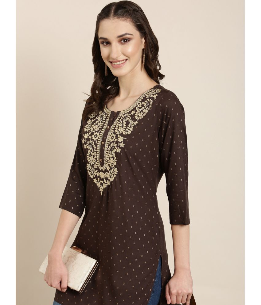     			Showoff Cotton Blend Embellished Straight Women's Kurti - Brown ( Pack of 1 )