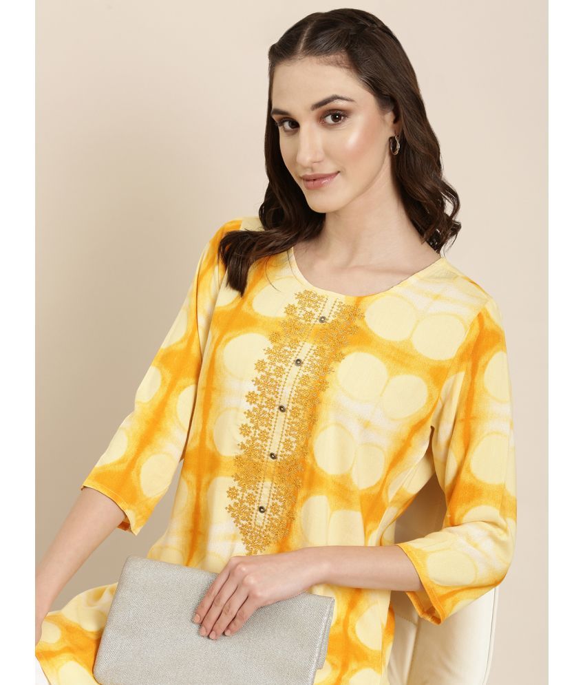     			Showoff Cotton Blend Embellished Straight Women's Kurti - Yellow ( Pack of 1 )