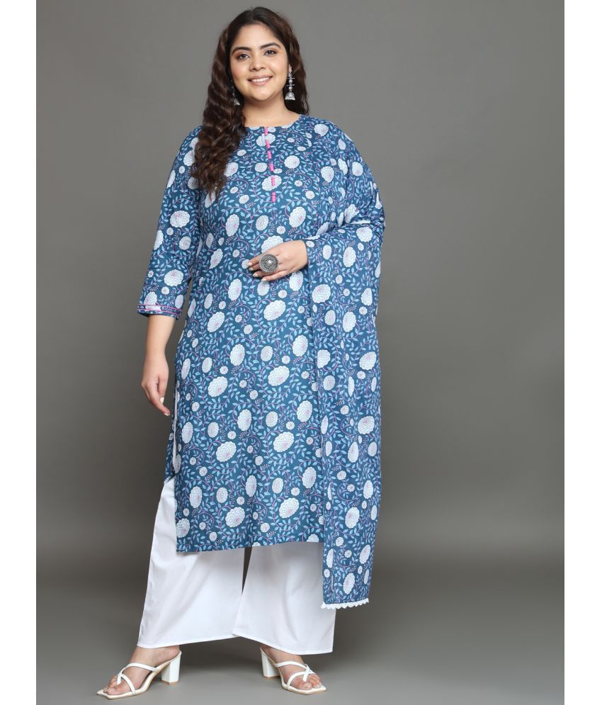     			Tissu Cotton Printed Kurti With Palazzo Women's Stitched Salwar Suit - Blue ( Pack of 1 )