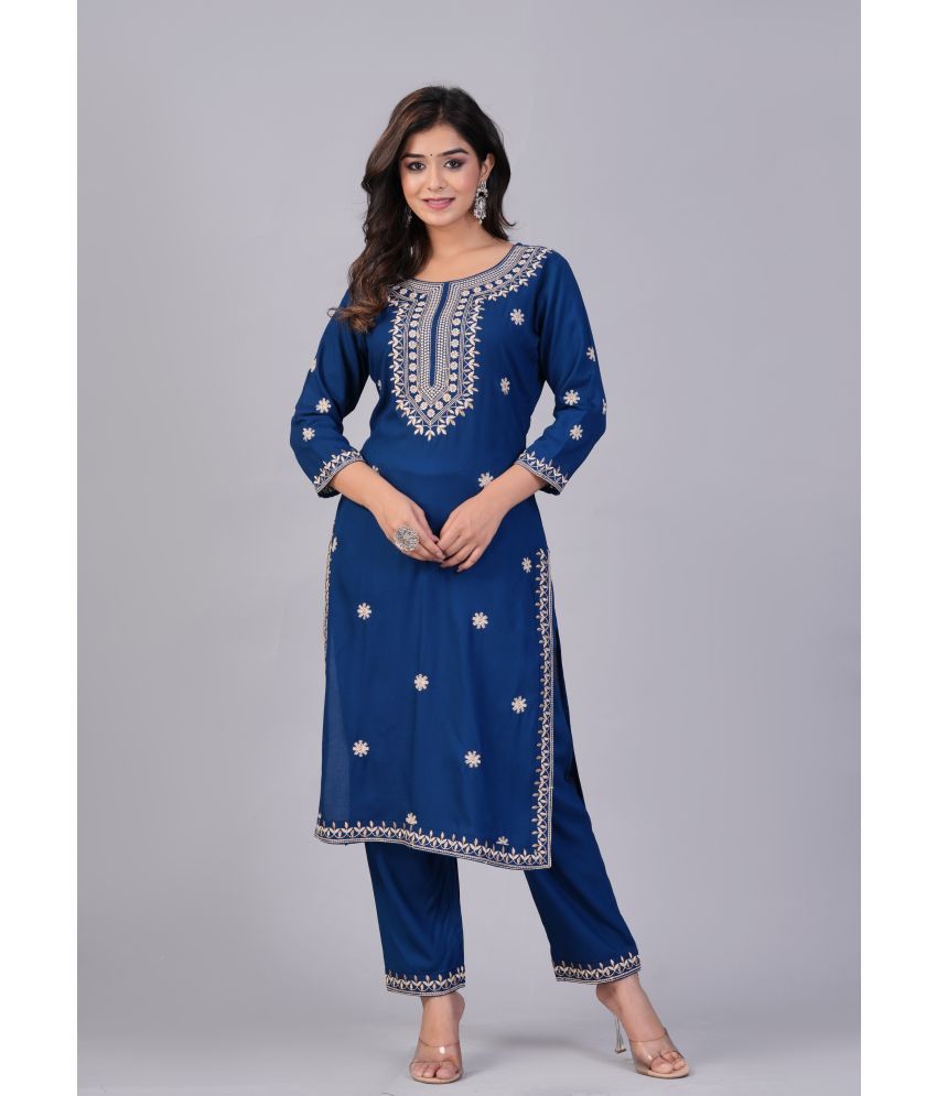     			Doriya Cotton Blend Embroidered Kurti With Pants Women's Stitched Salwar Suit - Blue ( Pack of 1 )