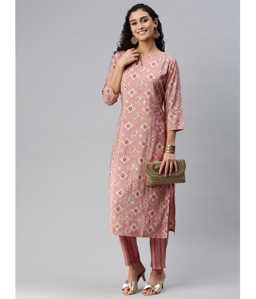     			Hritika Chanderi Printed Kurti With Pants Women's Stitched Salwar Suit - Pink ( Pack of 1 )