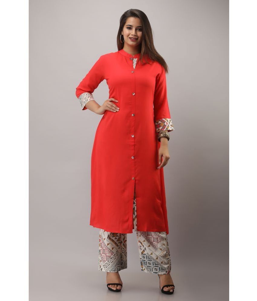     			MAUKA Rayon Solid Kurti With Palazzo Women's Stitched Salwar Suit - Red ( Pack of 1 )