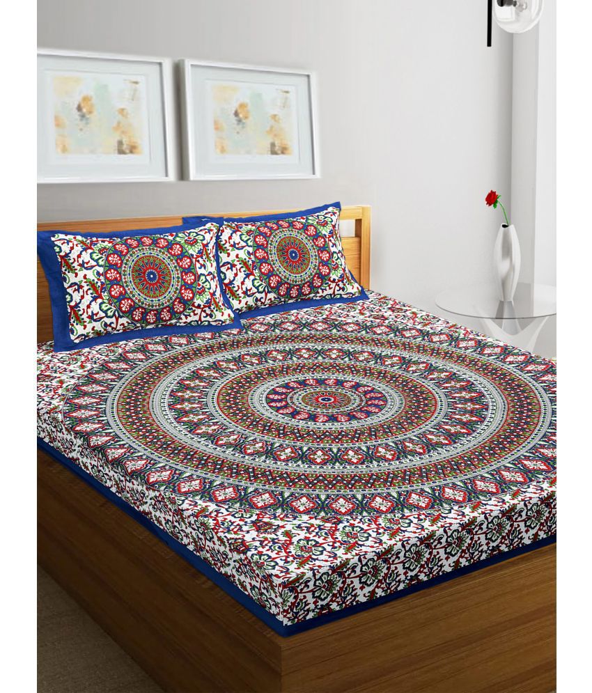     			RajasthaniKart Cotton Floral Double Bedsheet with 2 Pillow Covers - blue